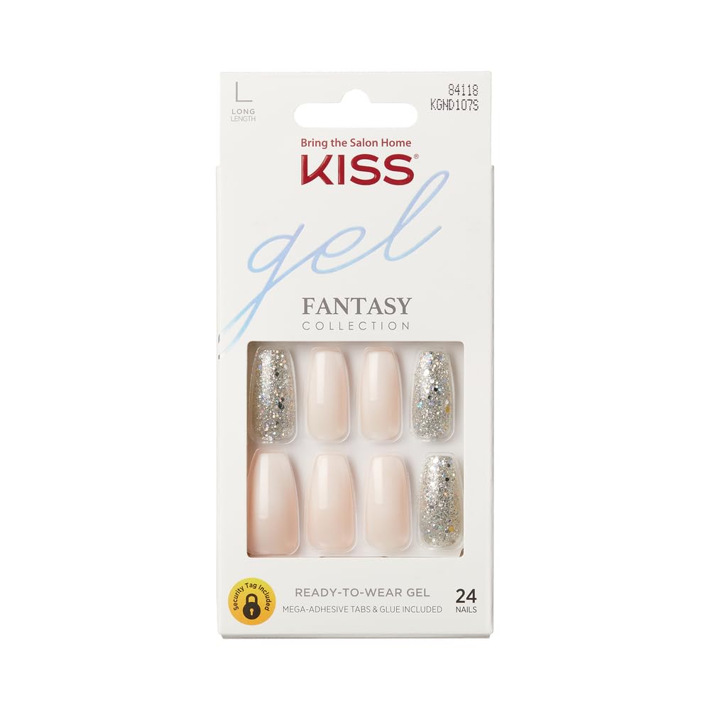KISS Gel Fantasy Ready-to-Wear Press-On/Glue-On Gel Nails, Style “Friends”, Long Length Gel Nail Kit with 24 Mega Adhesive Tabs, Pink Gel Glue, Manicure Stick, Mini File, and 24 Fake Nails