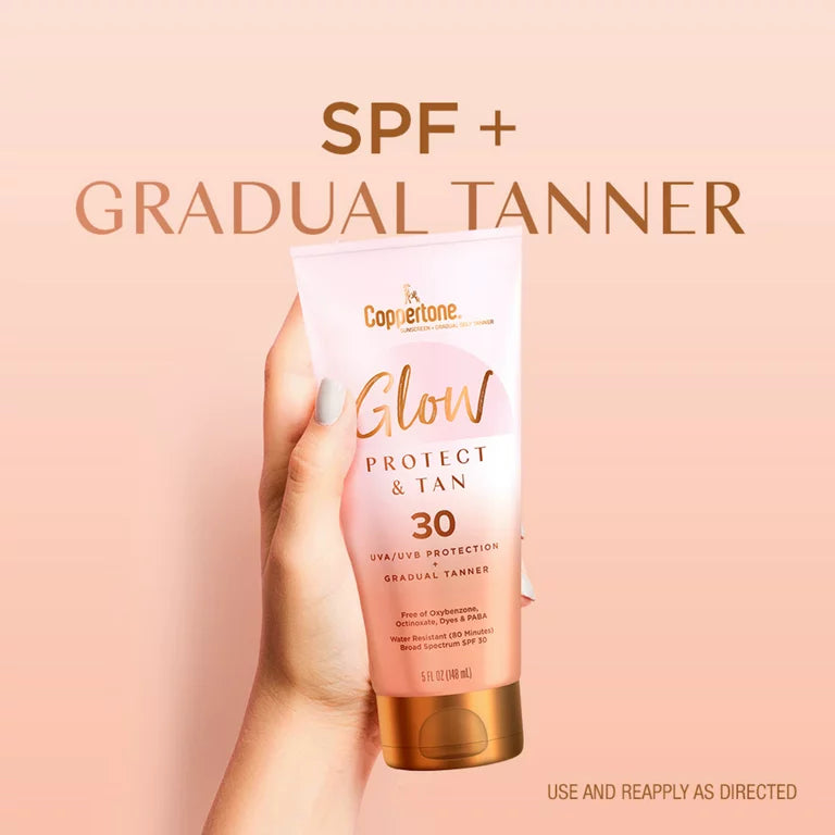 Coppertone Glow Protect and Tan Sunscreen Lotion + Gradual Self Tanner, SPF 30, 5 Fl Oz Tube