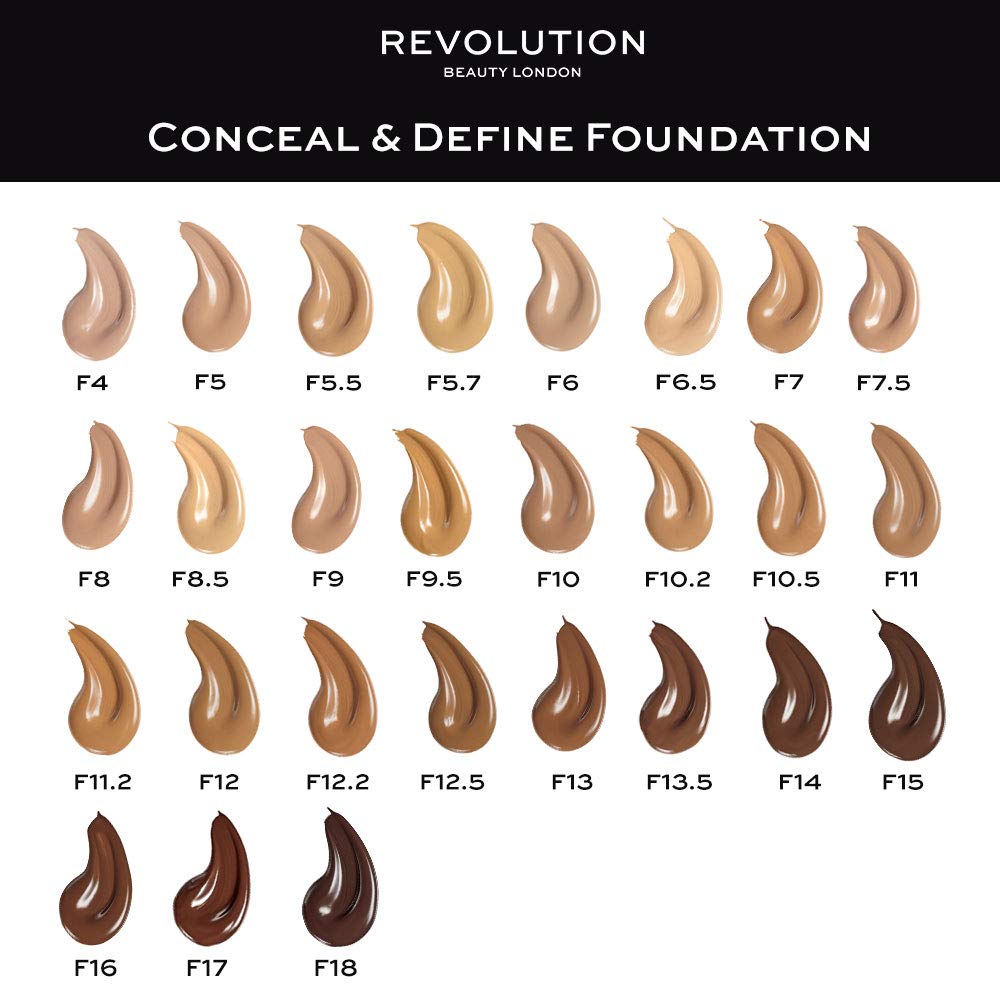 Makeup Revolution Conceal & Define Foundation, Cream Foundation Makeup, Full Coverage, Vegan & Cruelty-Free,