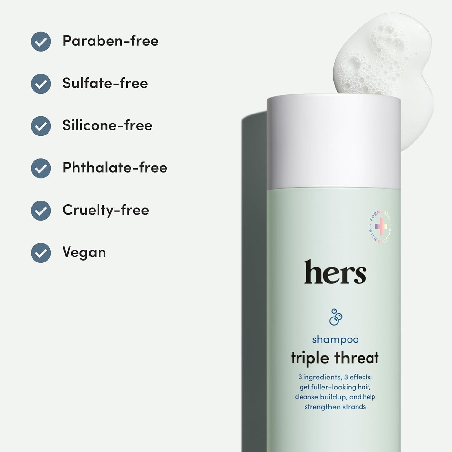 hers triple threat shampoo for hair that feels and looks thicker and stronger with biotin, saw palmetto, pumpkin seed oil, lightly scented with rose, helps control hair shedding,6.4 oz