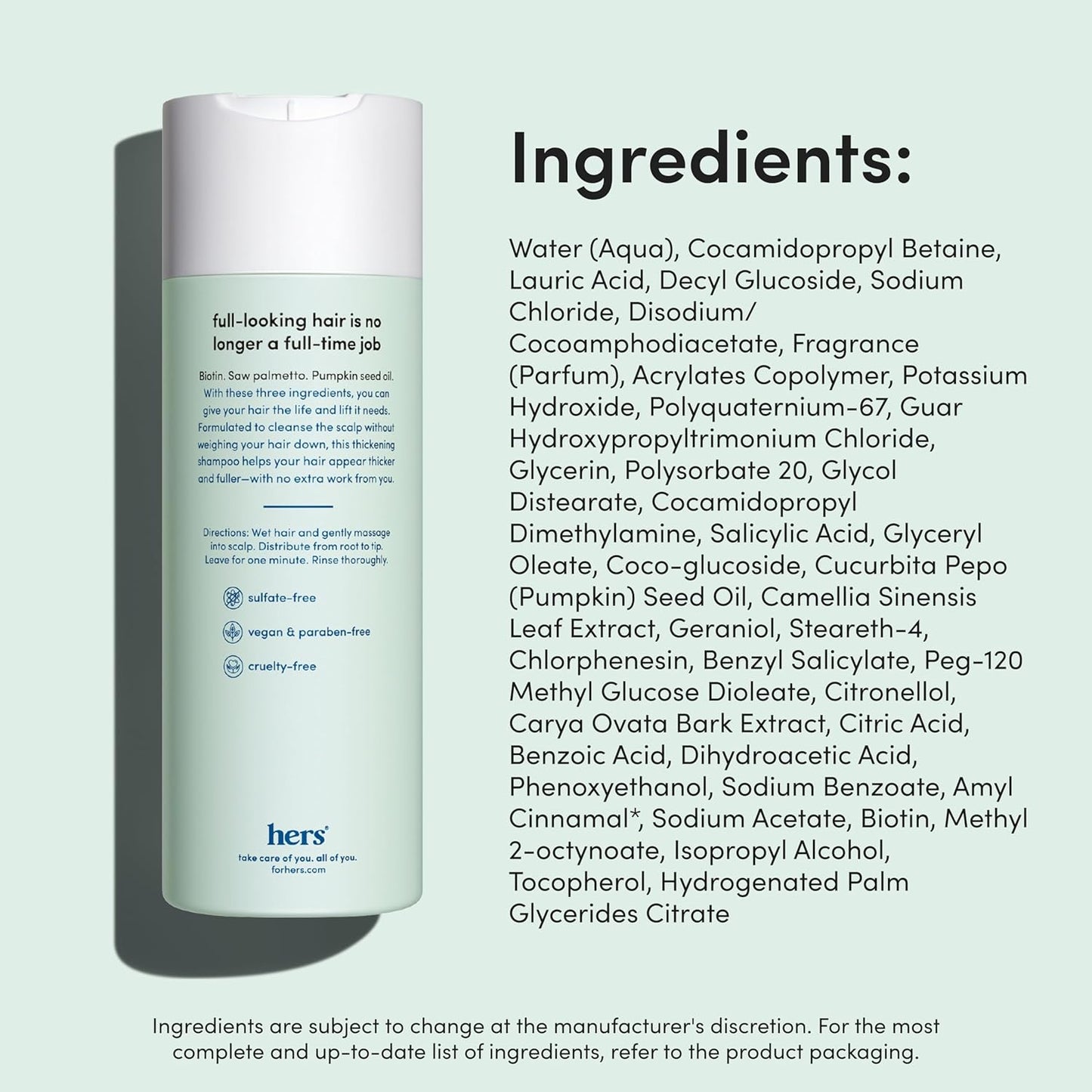hers triple threat shampoo for hair that feels and looks thicker and stronger with biotin, saw palmetto, pumpkin seed oil, lightly scented with rose, helps control hair shedding,6.4 oz