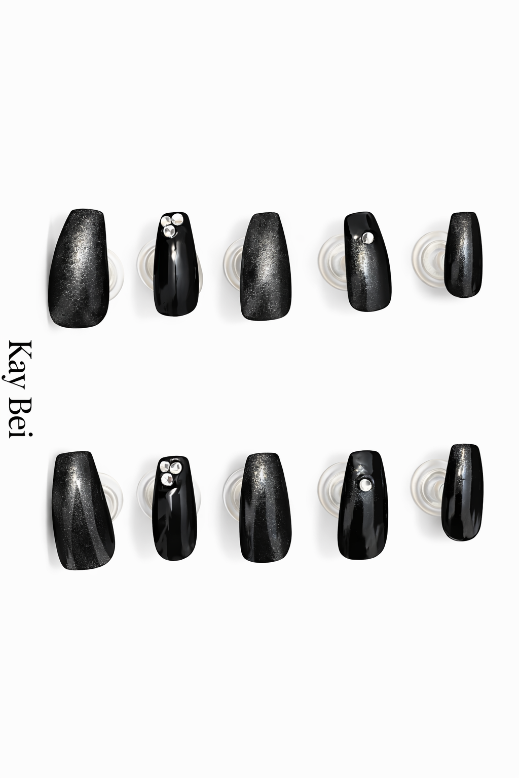 New! Kay Bei Coffin Press-On Nails – Midnight Obsidian Black Shimmer with Crystal Accents (10 piece set)