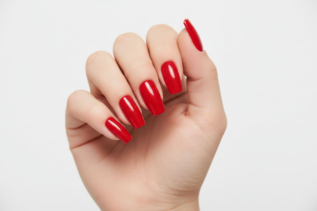 New! Kay Bei Ruby Allure – Red Glitter Coffin Press-On Nails (10 piece set)
