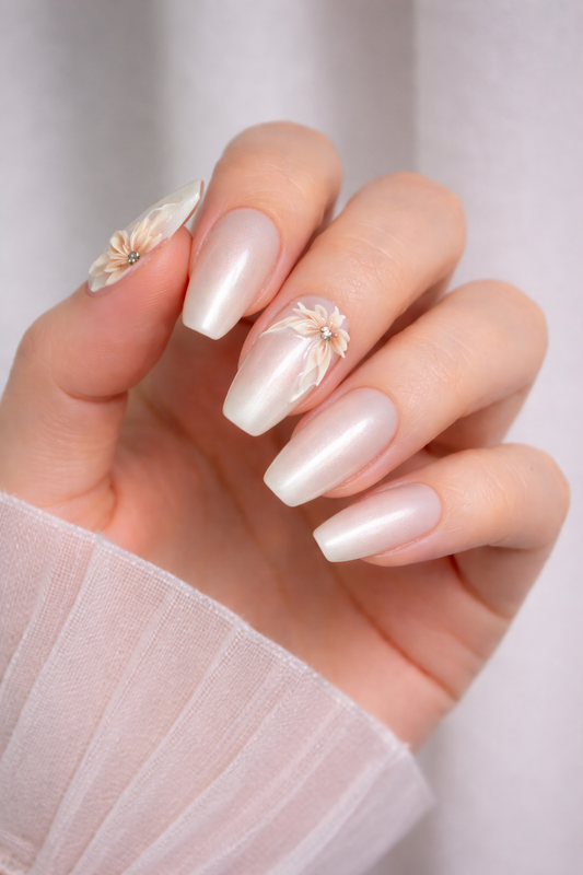 Kay Bei Pearl Whisper Floral – Iridescent Ivory Bloom Press-On Nails (Limited Edition) (10 piece)