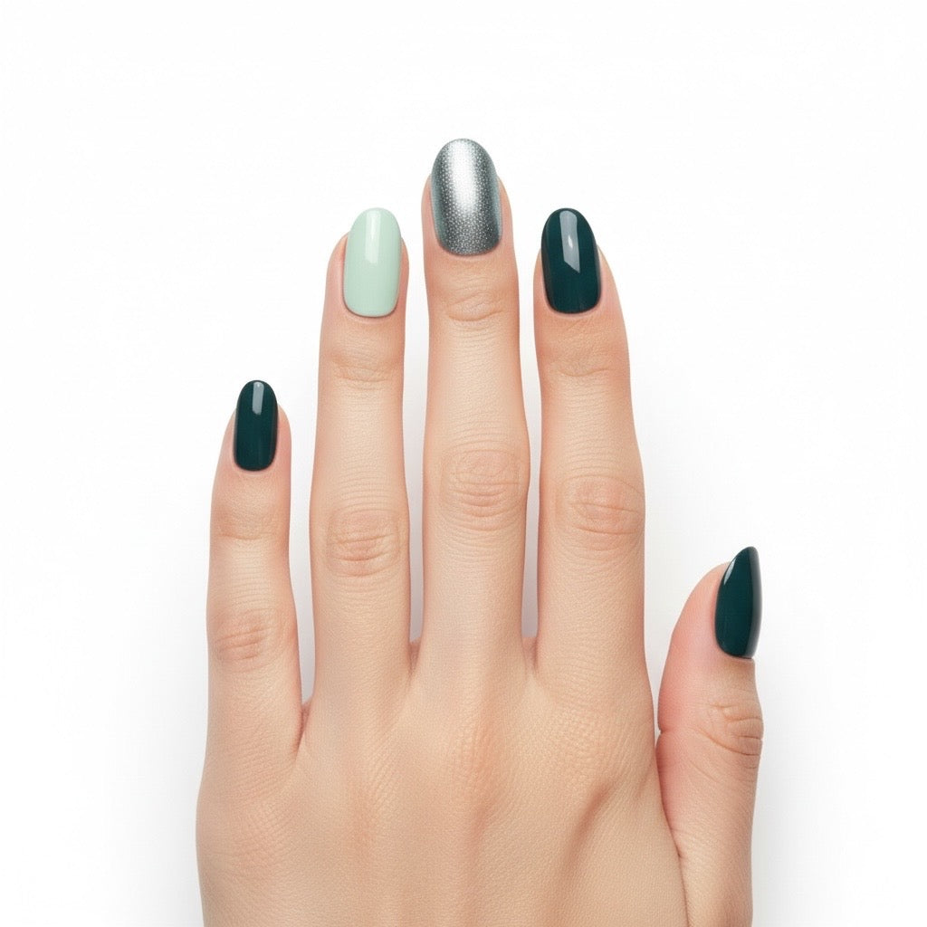Kay Bei Color Architect Press-On Nails – Emerald Mint + Silver Accent | 10-Piece Short Oval Set