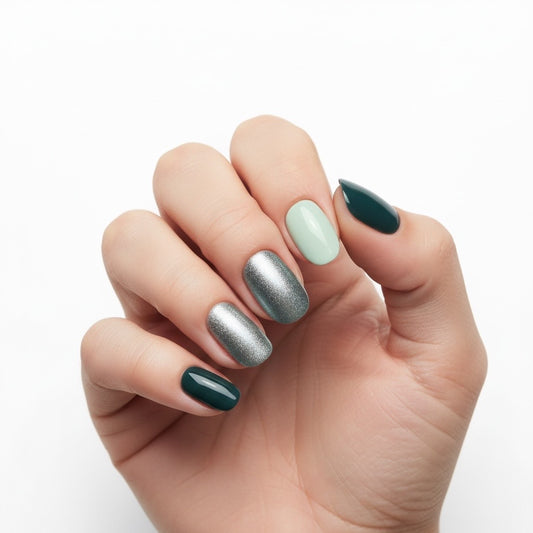 Kay Bei Color Architect Press-On Nails – Emerald Mint + Silver Accent | 10-Piece Short Oval Set
