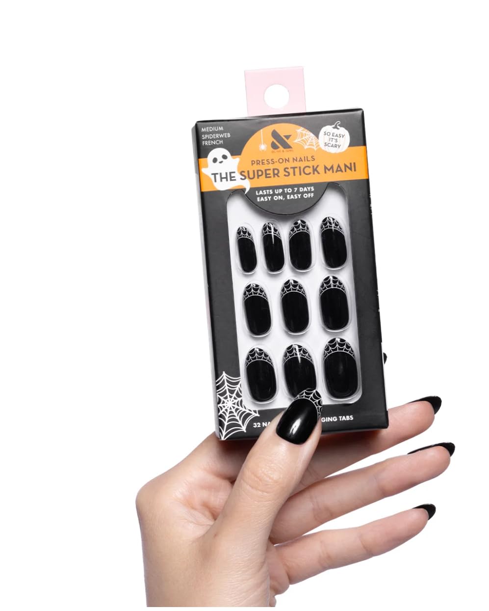 Spiderweb French- Olive & June Super Stick Mani Press-On Nails | Short Squoval | No Glue Needed | 32 Tab Nails, 16 Sizes, Last Up To 7 Days| Non-Toxic, Easy On-Off Non-Damaging |