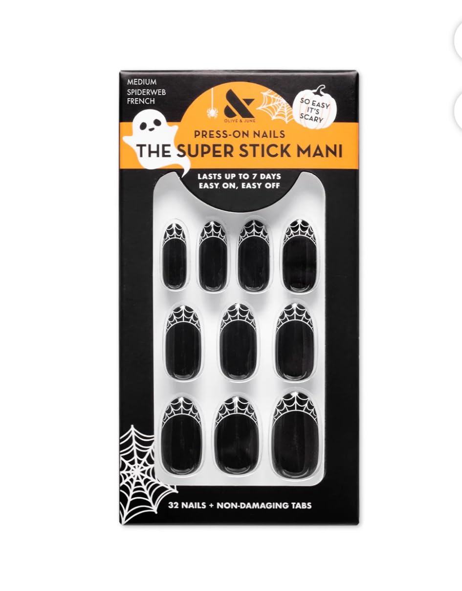 Spiderweb French- Olive & June Super Stick Mani Press-On Nails | Short Squoval | No Glue Needed | 32 Tab Nails, 16 Sizes, Last Up To 7 Days| Non-Toxic, Easy On-Off Non-Damaging |