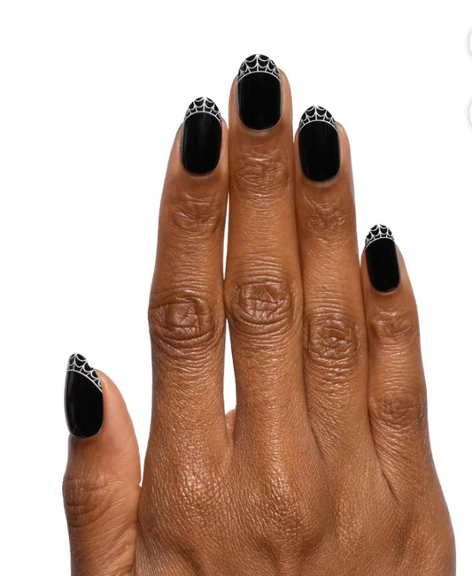 Spiderweb French- Olive & June Super Stick Mani Press-On Nails | Short Squoval | No Glue Needed | 32 Tab Nails, 16 Sizes, Last Up To 7 Days| Non-Toxic, Easy On-Off Non-Damaging |