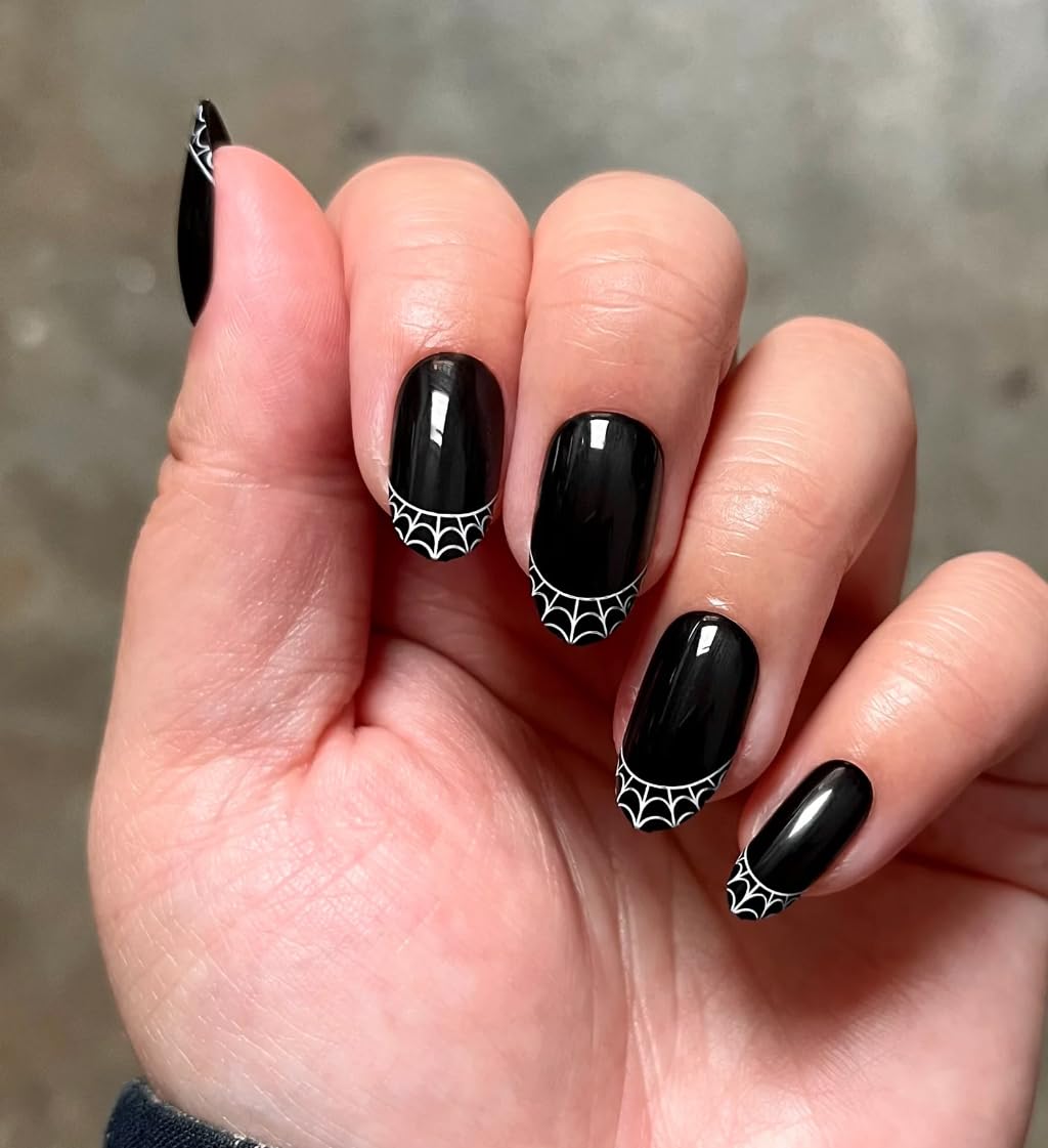 Spiderweb French- Olive & June Super Stick Mani Press-On Nails | Short Squoval | No Glue Needed | 32 Tab Nails, 16 Sizes, Last Up To 7 Days| Non-Toxic, Easy On-Off Non-Damaging |