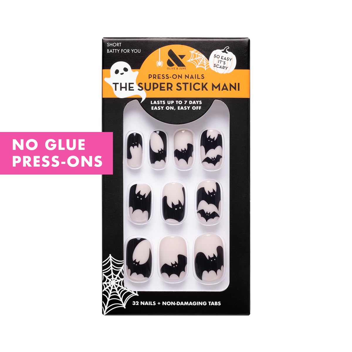 Batty For You-Olive & June Super Stick Mani Press-On Nails | Short Squoval | No Glue Needed | 32 Tab Nails, 16 Sizes, Last Up To 7 Days| Non-Toxic, Easy On-Off Non-Damaging