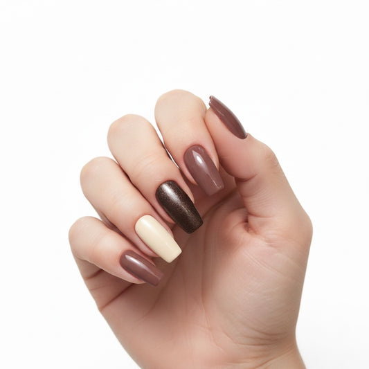 Kay Bei Simple Glam Press-On Nails – Mocha Cream Collection | Hand-Finished Gloss & Cocoa Shimmer Set