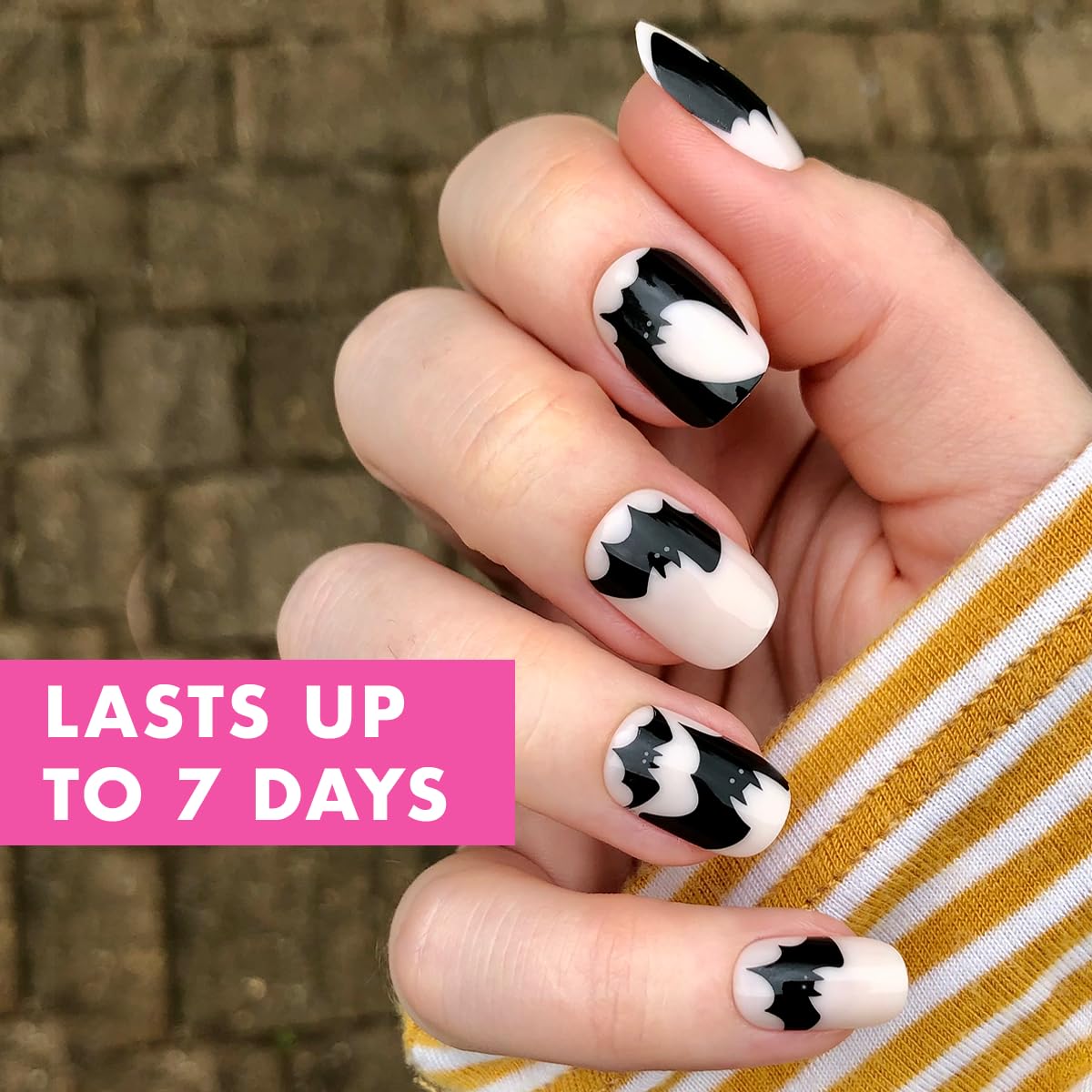 Batty For You-Olive & June Super Stick Mani Press-On Nails | Short Squoval | No Glue Needed | 32 Tab Nails, 16 Sizes, Last Up To 7 Days| Non-Toxic, Easy On-Off Non-Damaging