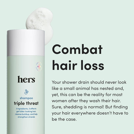 hers triple threat shampoo for hair that feels and looks thicker and stronger with biotin, saw palmetto, pumpkin seed oil, lightly scented with rose, helps control hair shedding,6.4 oz