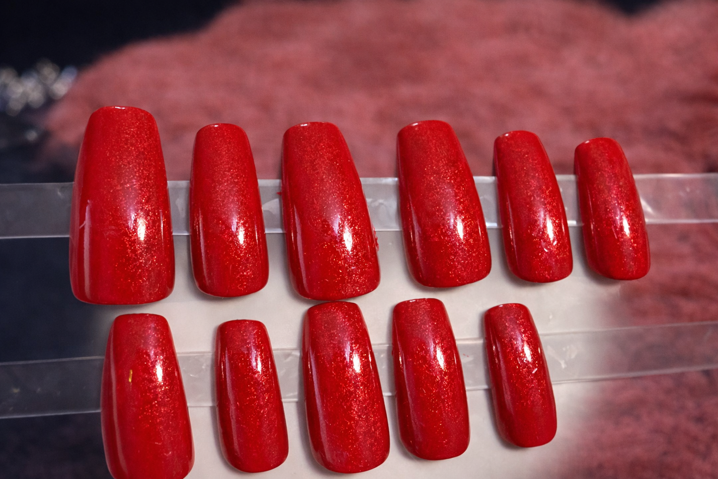 New! Kay Bei Ruby Allure – Red Glitter Coffin Press-On Nails (10 piece set)