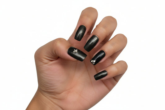 New! Kay Bei Coffin Press-On Nails – Midnight Obsidian Black Shimmer with Crystal Accents (10 piece set)