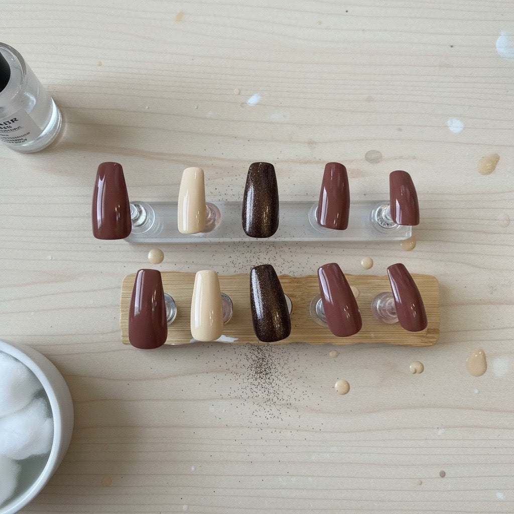 Kay Bei Simple Glam Press-On Nails – Mocha Cream Collection | Hand-Finished Gloss & Cocoa Shimmer Set