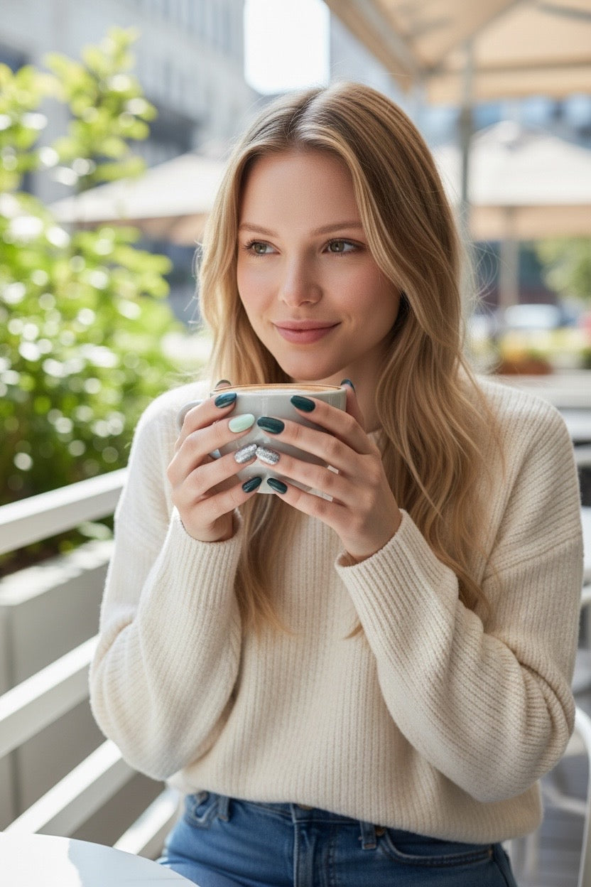 Kay Bei Color Architect Press-On Nails – Emerald Mint + Silver Accent | 10-Piece Short Oval Set