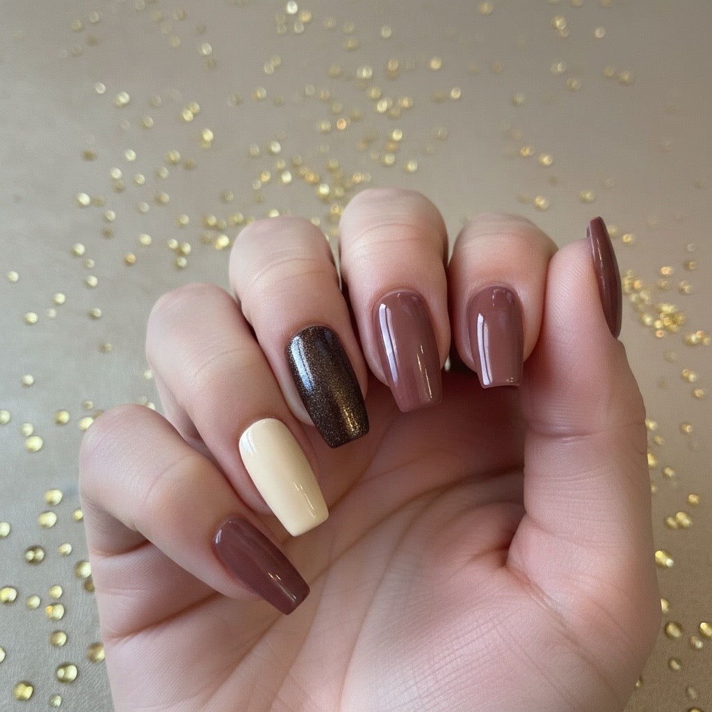 Kay Bei Simple Glam Press-On Nails – Mocha Cream Collection | Hand-Finished Gloss & Cocoa Shimmer Set