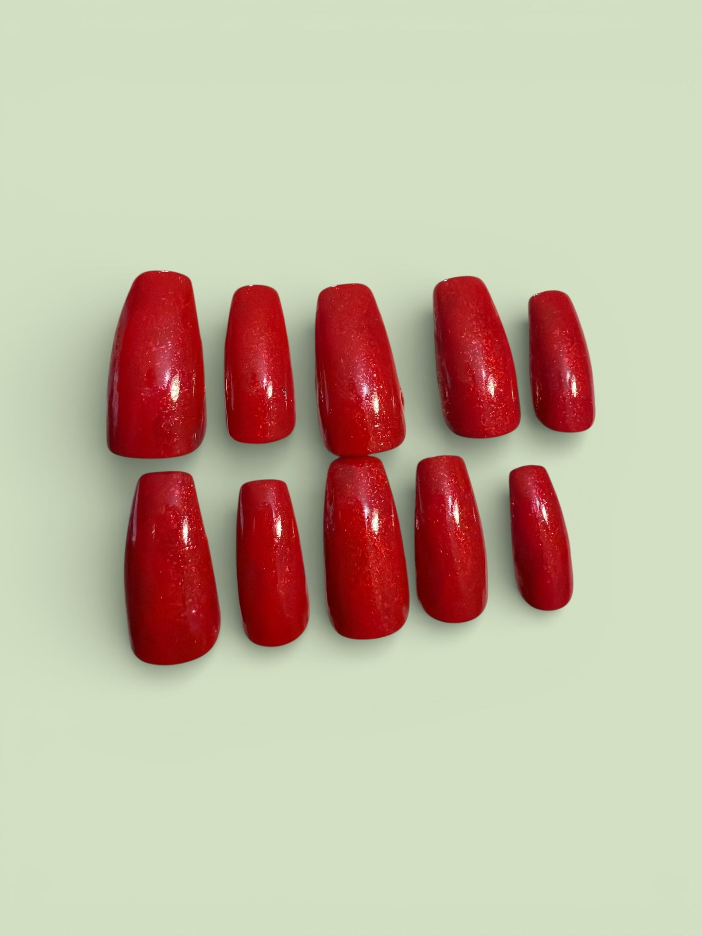 New! Kay Bei Ruby Allure – Red Glitter Coffin Press-On Nails (10 piece set)