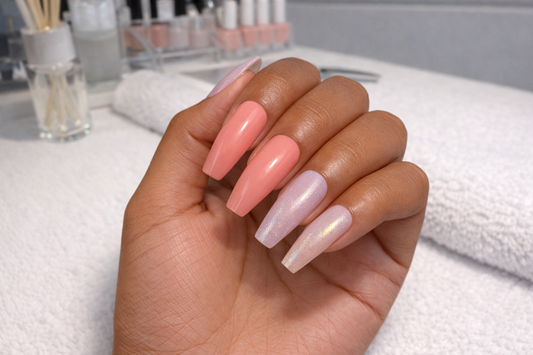 New! Kay Bei Peach Pearl Duo Coffin Press-On Nails