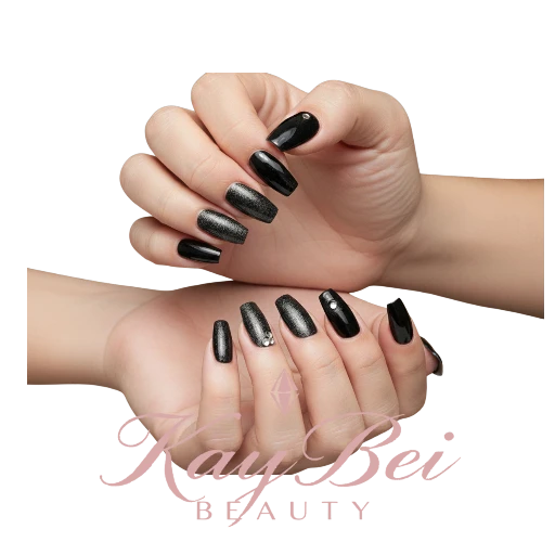 New! Kay Bei Coffin Press-On Nails – Midnight Obsidian Black Shimmer with Crystal Accents (10 piece set)