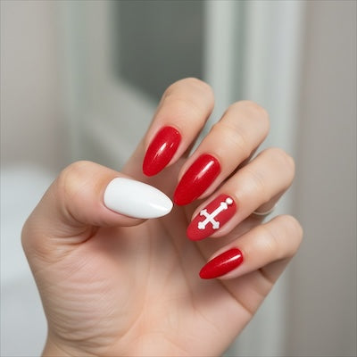 Kay Bei Crimson Vow — Gloss Red Cross Accent Press-On Set (10 piece set)