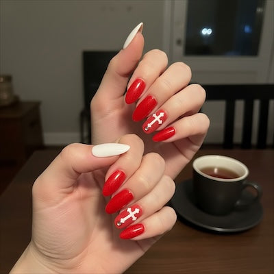 Kay Bei Crimson Vow — Gloss Red Cross Accent Press-On Set (10 piece set)