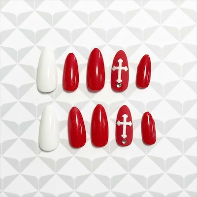 Kay Bei Crimson Vow — Gloss Red Cross Accent Press-On Set (10 piece set)