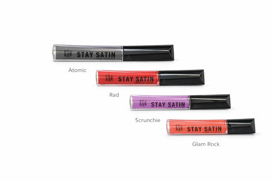 Rimmel Stay Satin Liquid Lip Color Bundle–Atomic, Rad, Scrunchie & Glam Rock