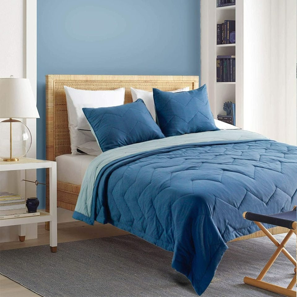 Luxury Reversible Quilt Set with Contemporary Horizontal Chevron Design, Blue, Queen Size