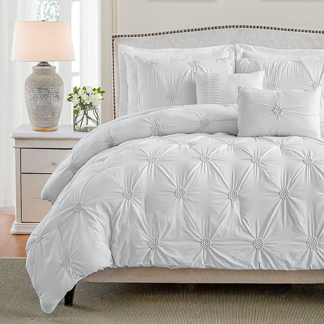 Swift Home- 3-Piece Ruched 3D Floral Pintuck Comforter Sets, White, Full/Queen
