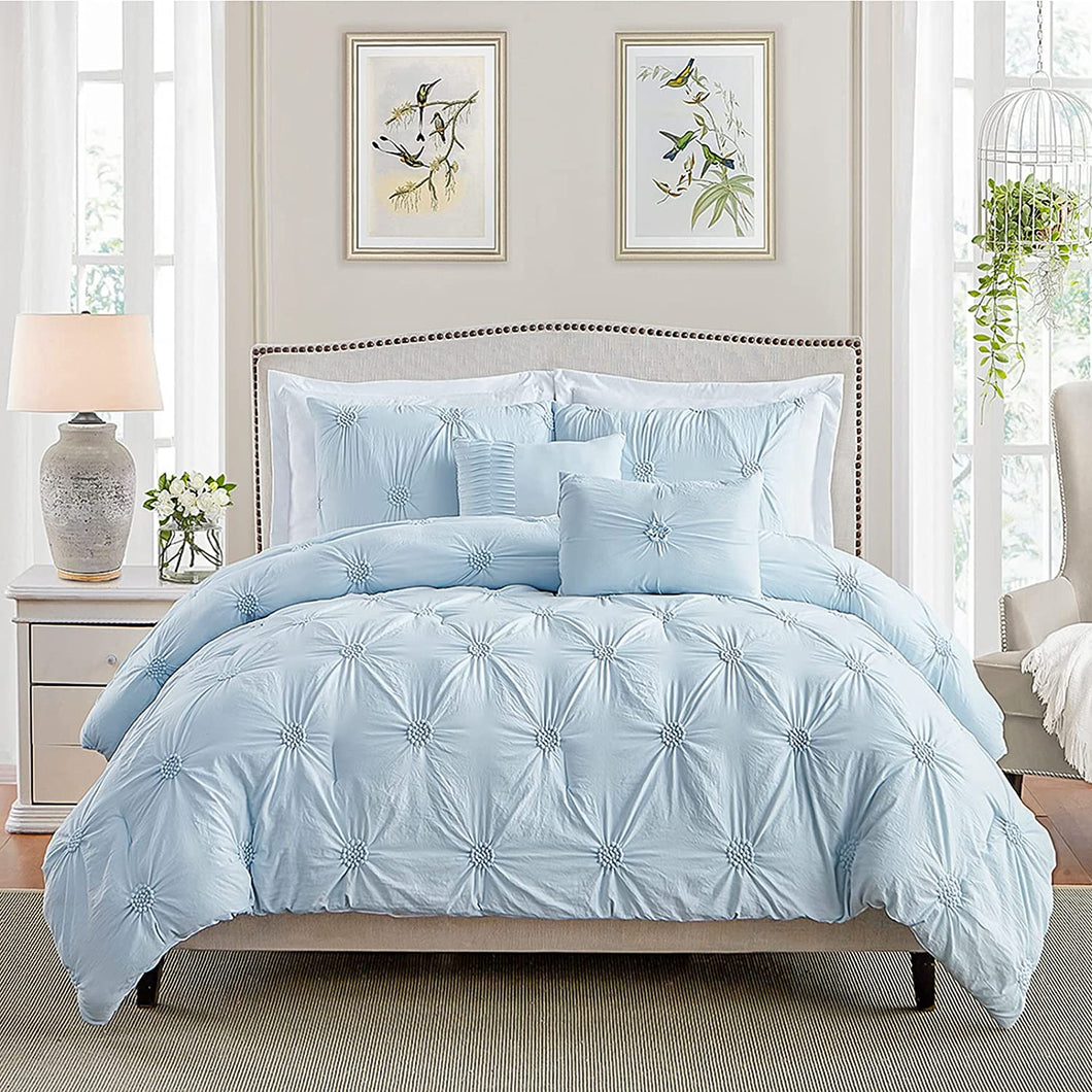 Swift Home 3-Piece Ruched 3D Floral Pintuck Comforter Set, Twin, Baby Blue,