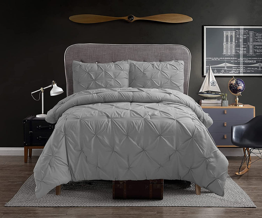 Cathay Home Bedding Set: Exquisite Pintuck, 3-Piece Comforter & Sham Set -Grey, Full/Queen