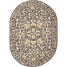 Load image into Gallery viewer, Hand-Hooked French Country Wool Area Rug, 4&#39;6&quot; x 6&#39;6&quot; Oval, Ivory / Dark Brown
